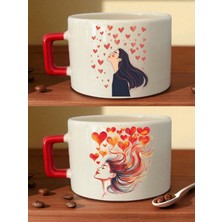 Kalp Kadın Baskılı 2'li Kahve Fincanı - Kadın Sevgiliye Doğum Günü Hediyesi, Bayram Hediyesi