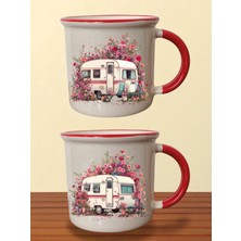 Çiçekli Karavan Ağzı Kırmızı Bardak - Erkek Sevgiliye Hediye, Arkadaşa Doğum Günü Hediyesi