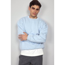 Erkek Oversize Bisiklet Yaka Basic Sweatshirt Açık Mavi