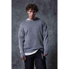 Erkek Oversize Bisiklet Yaka Basic Triko Kazak Gri