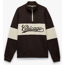 Uzun Kollu Baskılı Oversize Renk Bloklu Yarım Fermuarlı Sweatshirt