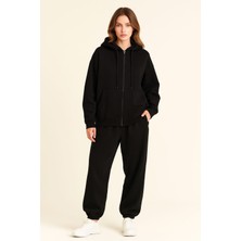 Düz Renk Fermuarlı Üç Ip Oversize Kadın Eşofman Takım Siyah