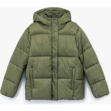 Kapüşonlu Uzun Kollu Cepli Fermuarlı Şişme Mont