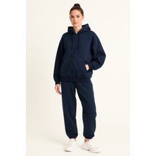 Düz Renk Fermuarlı Üç Ip Oversize Kadın Eşofman Takım Lacivert