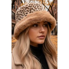 Tezzgelsin Kadın Leopar Desenli Peluş Kürklü Kalpak Şapka