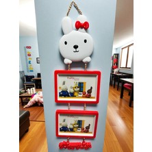 Polin Sevimli Tavşan Temalı Çift Katlı Dekoratif Fotoğraf Çerçevesi, Mavi ve Kırmızı Çerçeveli, Zincir Askılı