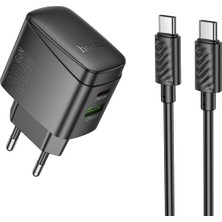 Hoco. CS61A Bright 30W 1 Adet Type-C ve 1 Adet USB 3.0 Qc Çıkışlı Ekstra Type-C To Type-C Kablolu Pd Hızlı Şarj Aleti - Siyah