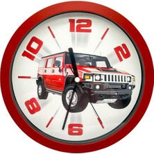 Çok Renkli Jeep Desenli Kırmızı Duvar Saati 25 cm