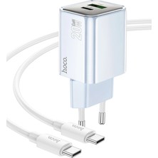 Hoco. N46 Glorious 1 Adet Type-C ve 1 Adet USB Çıkışlı Ekstra Type-C To Type-C Kablolu 20W Pd Hızlı Şarj Aleti - Mavi