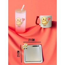 Kalp ve Civciv Temalı Kırmızı Matara, Kupa Bardak ve Kahve Sunum Tepsisi Konsept Hediyelik