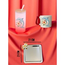 Çiçekli Yunus Temalı Kırmızı Matara, Kupa Bardak ve Kahve Sunum Tepsisi Konsept Hediyelik