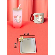Kalp ve Kedi Temalı Kırmızı Matara, Kupa Bardak ve Kahve Sunum Tepsisi Konsept Hediyelik