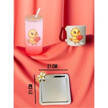 Kalp ve Sevimli Civciv Temalı Matara Suluk, Kupa Bardak ve Kahve Sunum Tepsisi Konsept Hediyelik