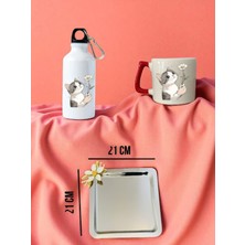 Çiçek Tutan Kedi Temalı Matara Suluk, Kupa Bardak ve Kahve Sunum Tepsisi Konsept Hediyelik