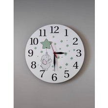 Ahşap Yeşil Yıldızlı Fil Çocuk Odası Duvar Saati 30X30