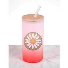 Parlak Papatya Baskılı 600 ml Cam Matara- Su Matarası, Suluk Matara, Cam Pipetli Matara