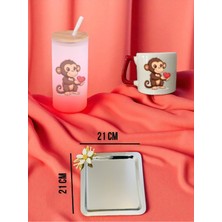 Kalp ve Maymun Temalı Kırmızı Matara, Kupa Bardak ve Kahve Sunum Tepsisi Konsept Hediyelik