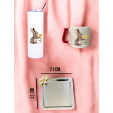 Çiçekli Tavşan Temalı Pipetli Termos, Kupa Bardak ve Metal Kahve Sunum Tepsisi Konsept Hediyelik