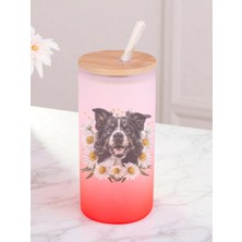 Papatyalı Köpek Baskılı 600 ml Cam Matara- Su Matarası, Suluk Matara, Cam Pipetli Matara