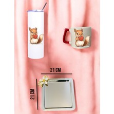 Kalpli Sincap Temalı Pipetli Termos, Kupa Bardak ve Kahve Sunum Tepsisi Konsept Hediyelik