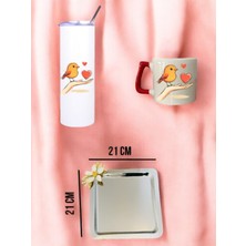 Kuş ve Kalp Temalı Pipetli Termos, Kupa Bardak ve Kahve Sunum Tepsisi Konsept Hediyelik