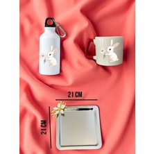 Çiçekli Tavşan Temalı Matara Suluk, Kupa Bardak ve Kahve Sunum Tepsisi Konsept Hediyelik