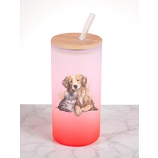 Kedi Köpek Aşkı Baskılı 600 ml Cam Matara- Su Matarası, Suluk Matara, Cam Pipetli Matara
