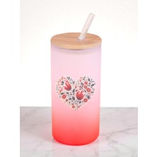 Çiçekler Baskılı 600 ml Cam Matara- Su Matarası, Suluk Matara, Cam Pipetli Matara