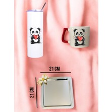 Kalp ve Panda Temalı Pipetli Termos, Kupa Bardak ve Kahve Sunum Tepsisi Konsept Hediyelik