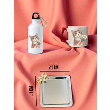 Papatyalı Sevimli Kedi Temalı Matara Suluk, Kupa Bardak ve Kahve Sunum Tepsisi Konsept Hediyelik