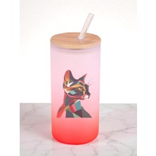 Modern Kedi Baskılı 600 ml Cam Matara- Su Matarası, Suluk Matara, Cam Pipetli Matara