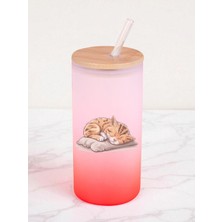 Uyuyan Kedi Baskılı 600 ml Cam Matara- Su Matarası, Suluk Matara, Cam Pipetli Matara