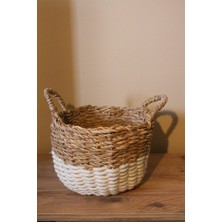 Kulplu Kalın Örgü Alt Kısmı Krem Şeritli Hasır Sepet Küçük Boy