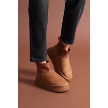 Içi Kürklü Boğazı Streçli Bot Süet Taba Topuk Boyu 4 cm