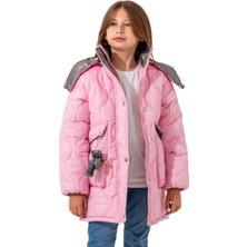 Kız Çocuk Kapitone Model Fermuar Kapama Kapüşonu Çıkabilen Astarlı Ayıcık Aksesuarlı Pembe Renk Mont