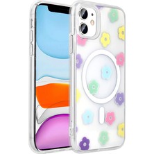 iPhone 11 Kılıf M-Safe Şarj Özellikli Şeffaf Zore Folk Sert Kapak - Papatya