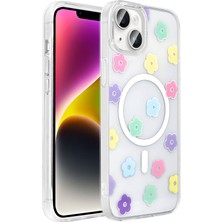 iPhone 13 Kılıf M-Safe Şarj Özellikli Şeffaf Zore Folk Sert Kapak - Papatya