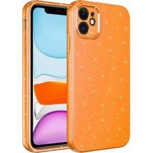 iPhone 11 Kılıf Kamera Korumalı Simli Lüks Ecrz Koton Kapak-Turuncu