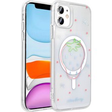 iPhone 11 Kılıf M-Safe Şarj Özellikli Şeffaf Zore Folk Sert Kapak - Çilek