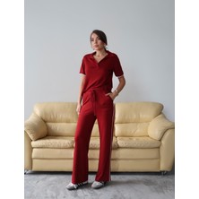 Kadın Maribel Pamuklu Modal Kumaş Polo Yaka Bluz-Pantolon Ikili Alt-Üst Takım, 4 Mevsim Günlük Takım