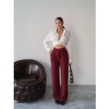 Kadın Valeria Beli Cırt Cırtlı Palazzo Pantolon, Krep Kumaş, 4 Mevsim