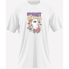 Mkolej Spooky Season Baskılı Cadılar Bayramı (Halloween) Temalı Beyaz Çocuk Tişörtü – %100 Pamuk
