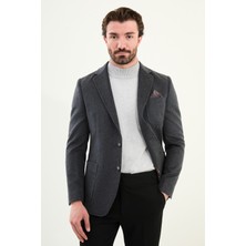 Düz Slim Fit Torba Cepli Mendil Detaylı Yün Erkek Ceket