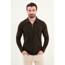 Kareli Slim Fit Polo Yaka Fermuarlı Uzun Kollu Erkek T-Shirt
