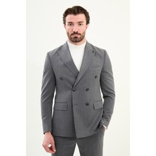 Düz Slim Fit Geniş Yaka Punto Dikiş Kruvaze Erkek Takım Elbise