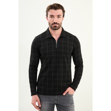 Kareli Slim Fit Polo Yaka Fermuarlı Uzun Kollu Erkek T-Shirt