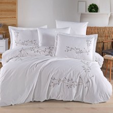 Premium Loren Beyaz - Poplin Çift Kişilik Nakışlı Nevresim Takımı