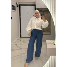 Kadın Koyu Mavi Tensel Kot Bol Paça Beli Bağlamalı Pantolon