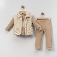 Baskılı Peluşlu Yelekli Alt Üst Takım - Bej - 9 Ay Bej