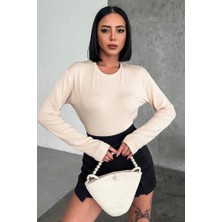 Rahat ve Şık Uzun Kollu Bisiklet Yaka Likralı Viskon Penye Body Bej ( Lisinya )